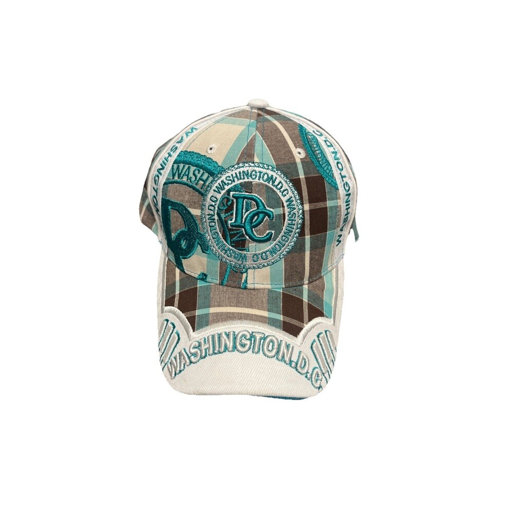 USA Washington DC Baseball Cap Men's City Hunter Teal & Brown Plaid Adjustable